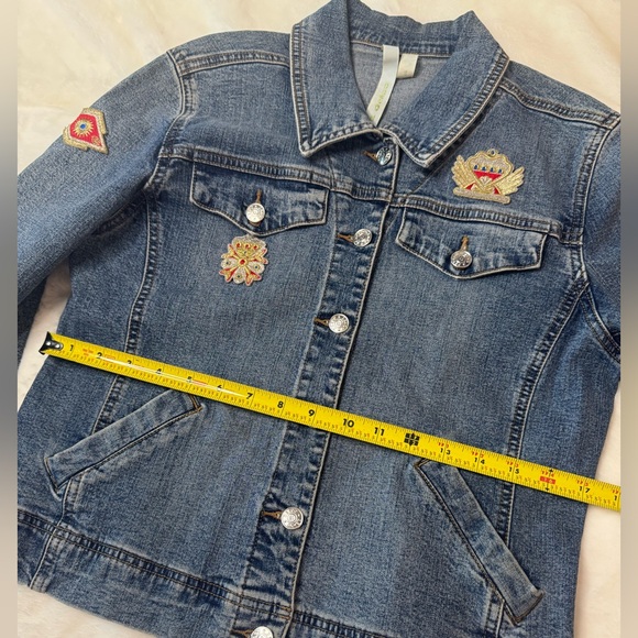 Debra DeRoo Blue Denim Jacket w/ Patches- size S w/ Stretch - Picture 12 of 14